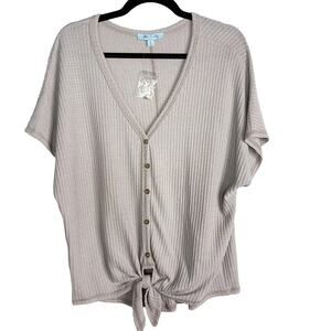 New She + Sky Large L Waffle Button Front Short Sleeve Tie Front Top Gray Purple